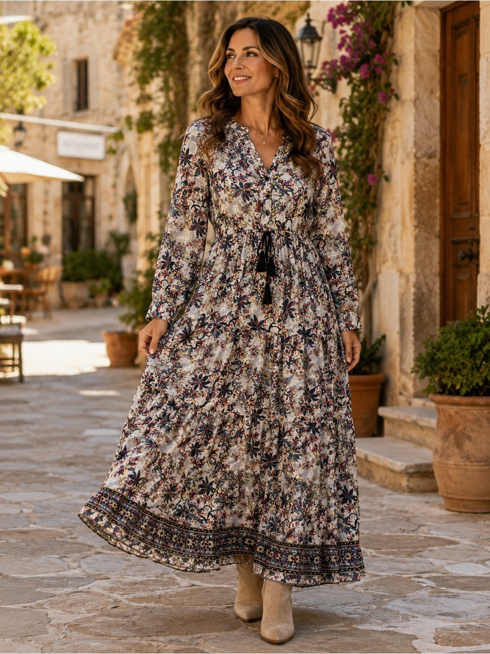 Masala Floral Boho Maxi Dress Long Sleeve Tassel Waist Size L